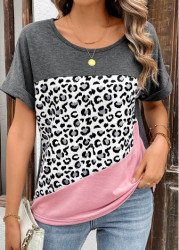 Modlily Pink Patchwork Leopard Short Sleeve Round Neck T Shirt - S