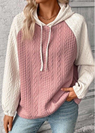 Modlily Pink Patchwork Long Sleeve Jacquard Hoodie - S