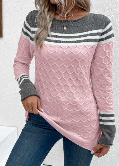 Modlily Pink Patchwork Long Sleeve Round Neck Sweater - M