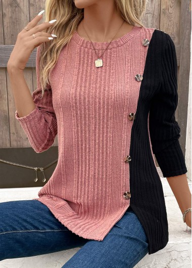 Modlily Pink Patchwork Long Sleeve Round Neck T Shirt - L