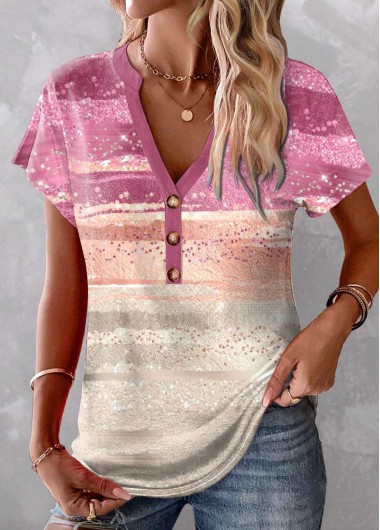 Modlily Pink Patchwork Ombre Short Sleeve V Neck T Shirt - L