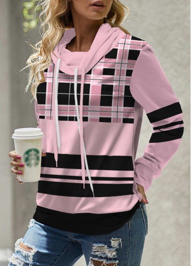 Modlily Pink Patchwork Plaid Long Sleeve Cowl Neck Sweatshirt - M