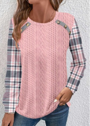 Modlily Pink Patchwork Plaid Long Sleeve Round Neck Sweatshirt - S