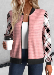 Modlily Pink Patchwork Plaid Long Sleeve Stand Collar Jacket - XXL