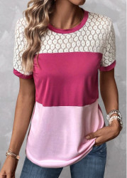 Modlily Pink Patchwork Short Sleeve Round Neck T Shirt - L