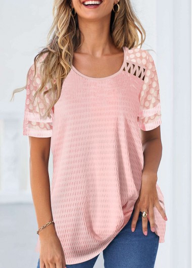 Modlily Pink Patchwork Short Sleeve Round Neck T Shirt - S