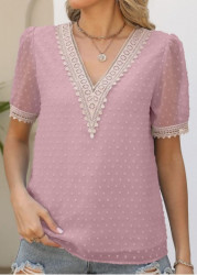 Modlily Pink Patchwork Short Sleeve V Neck Blouse - S