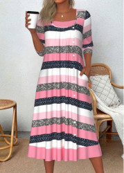 Modlily Pink Patchwork Striped A Line 3/4 Sleeve Dress - S