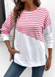 Modlily Pink Patchwork Striped Long Sleeve Round Neck Sweatshirt - S