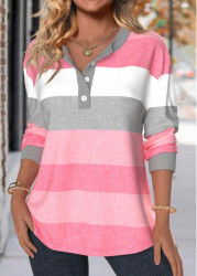 Modlily Pink Patchwork Striped Long Sleeve Split Neck Sweatshirt - S