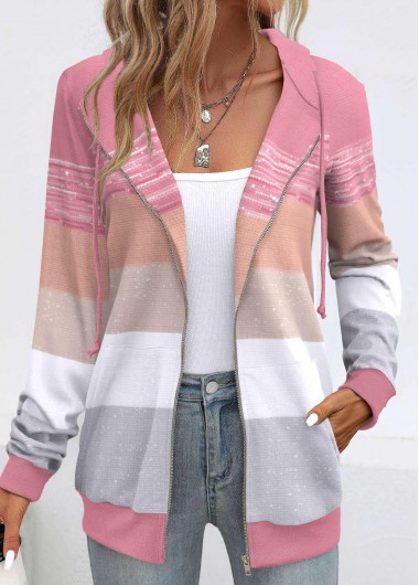 Modlily Pink Pocket Geometric Print Long Sleeve Hoodie - S