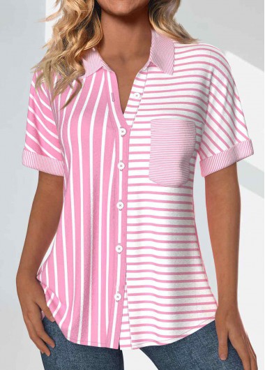 Modlily Pink Pocket Striped Short Sleeve Shirt - S