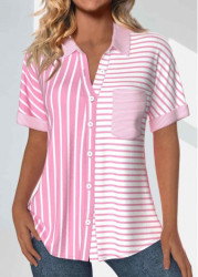 Modlily Pink Pocket Striped Short Sleeve Shirt - S