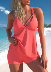 Modlily Pink Red Cross Spaghetti Strap Tankini Set Coral Red Tankini Set - S