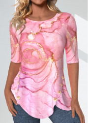 Modlily Pink Split Marble Print Half Sleeve T Shirt - S