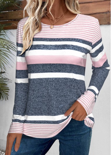 Modlily Pink Striped Long Sleeve Round Neck T Shirt - S