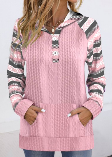 Modlily Pink Textured Fabric Multi Stripe Print Long Sleeve Hoodie - S