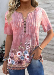 Modlily Pink Tuck Stitch Floral Print Short Sleeve T Shirt - S