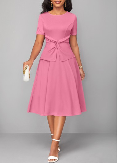 Modlily Pink Twist Short Sleeve Round Neck Dress - M