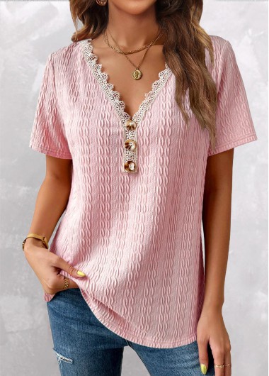 Modlily Pink Twisted Short Sleeve V Neck T Shirt - S