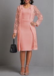 Modlily Pink Two Piece Long Sleeve Round Neck Dress and Cardigan - M