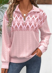 Modlily Pink Zipper Geometric Print Long Sleeve Sweatshirt - S