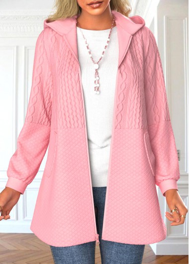 Modlily Pink Zipper Long Sleeve Hooded Jacket - XL