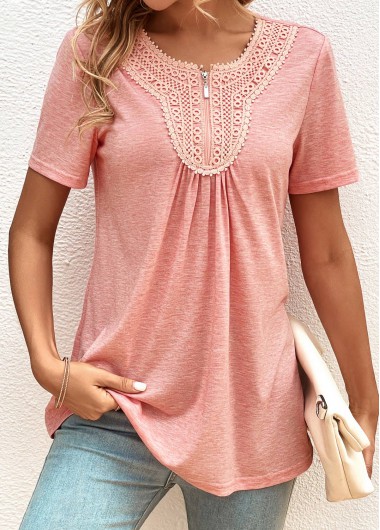 Modlily Pink Zipper Short Sleeve Round Neck T Shirt - S