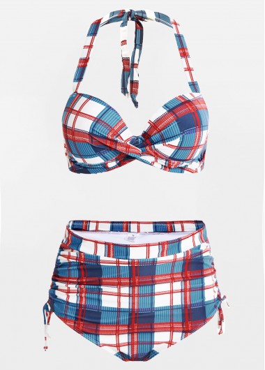 Modlily Plaid Print High Waisted Drawstring Side Bikini Set - L