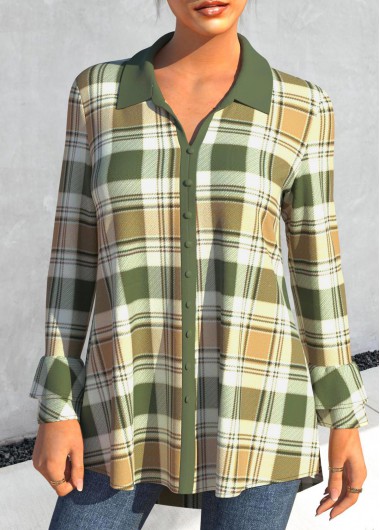 Modlily Plaid Turndown Collar Green Long Sleeve Blouse - S