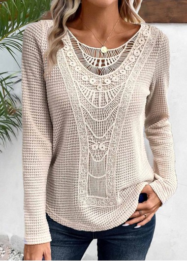 Modlily Plus Size Beige Lace Long Sleeve T Shirt - 1X