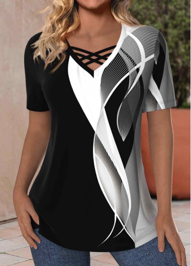 Modlily Plus Size Black Criss Cross Geometric Print T Shirt - 1X