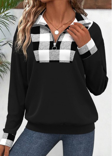 Modlily Plus Size Black Patchwork Plaid Long Sleeve Sweatshirt - 1X