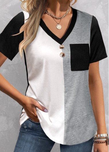 Modlily Plus Size Black Patchwork Short Sleeve T Shirt - 1X