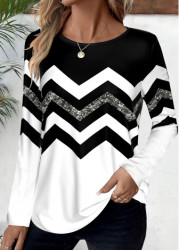 Modlily Plus Size Black Patchwork Striped Long Sleeve T Shirt - 1X