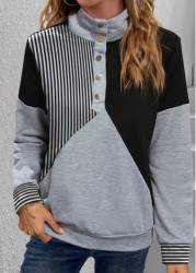 Modlily Plus Size Black Snap Button Striped Long Sleeve Sweatshirt - 1X