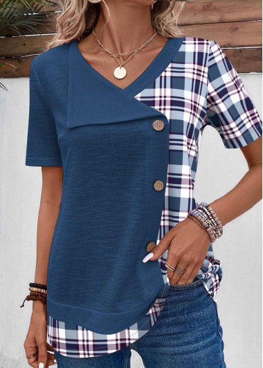 Modlily Plus Size Blue Patchwork Plaid T Shirt - 1X