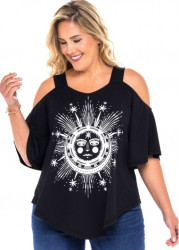 Modlily Plus Size Cold Shoulder Astrology Print T Shirt - 3X