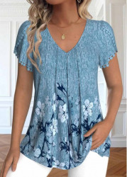 Modlily Plus Size Dusty Blue Embroidery Floral Print T Shirt - 1X