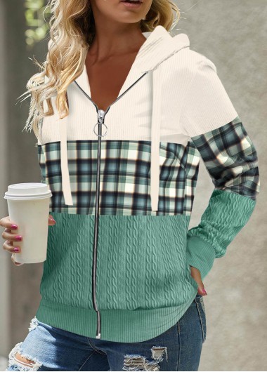 Modlily Plus Size Green Patchwork Plaid Long Sleeve Hoodie - 1X