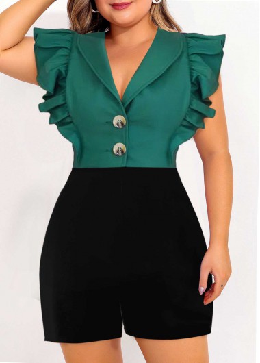 Modlily Plus Size Green Ruffle Sleeveless Shawl Collar Romper - 1X