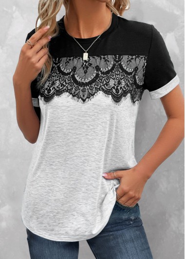 Modlily Plus Size Grey Lace Short Sleeve T Shirt - 1X