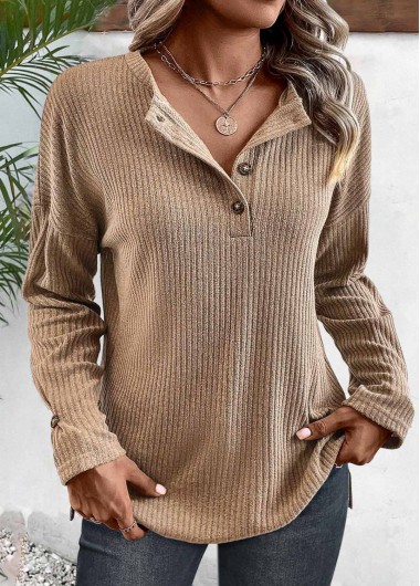 Modlily Plus Size Light Coffee Button Long Sleeve T Shirt - 1X