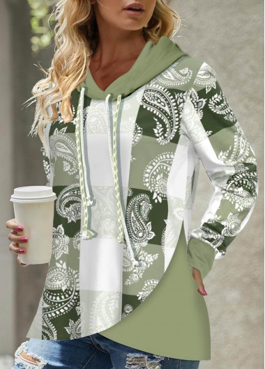 Modlily Plus Size Light Green Patchwork Tribal Print Hoodie - 3X