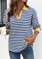 Modlily Plus Size Navy Patchwork Striped Long Sleeve T Shirt - 1X