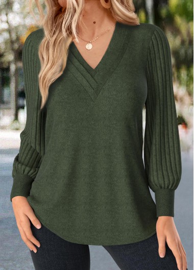 Modlily Plus Size Olive Green Patchwork Long Sleeve T Shirt - 1X