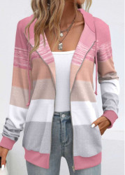 Modlily Plus Size Pink Pocket Geometric Print Long Sleeve Hoodie - 1X