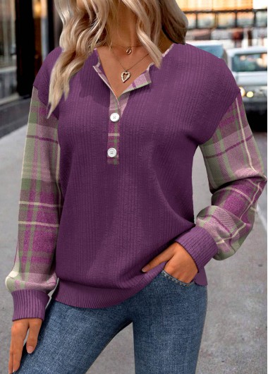 Modlily Plus Size Purple Button Plaid Long Sleeve Sweatshirt - 1X