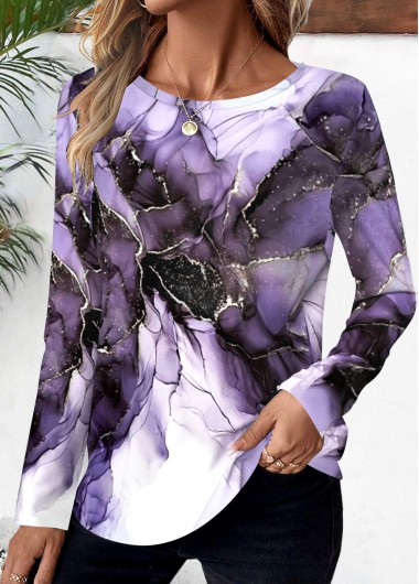 Modlily Plus Size Purple Floral Print Long Sleeve T Shirt - 1X