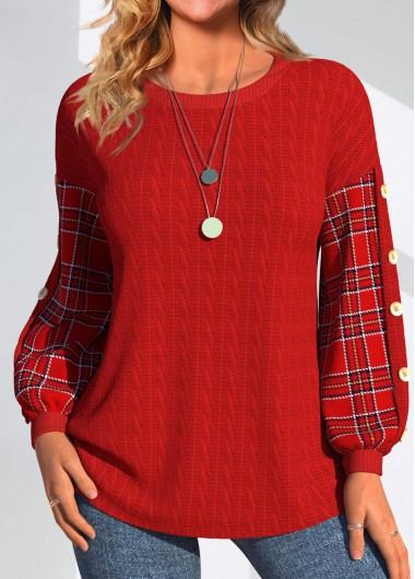 Modlily Plus Size Red Button Plaid Long Sleeve Sweatshirt - 1X